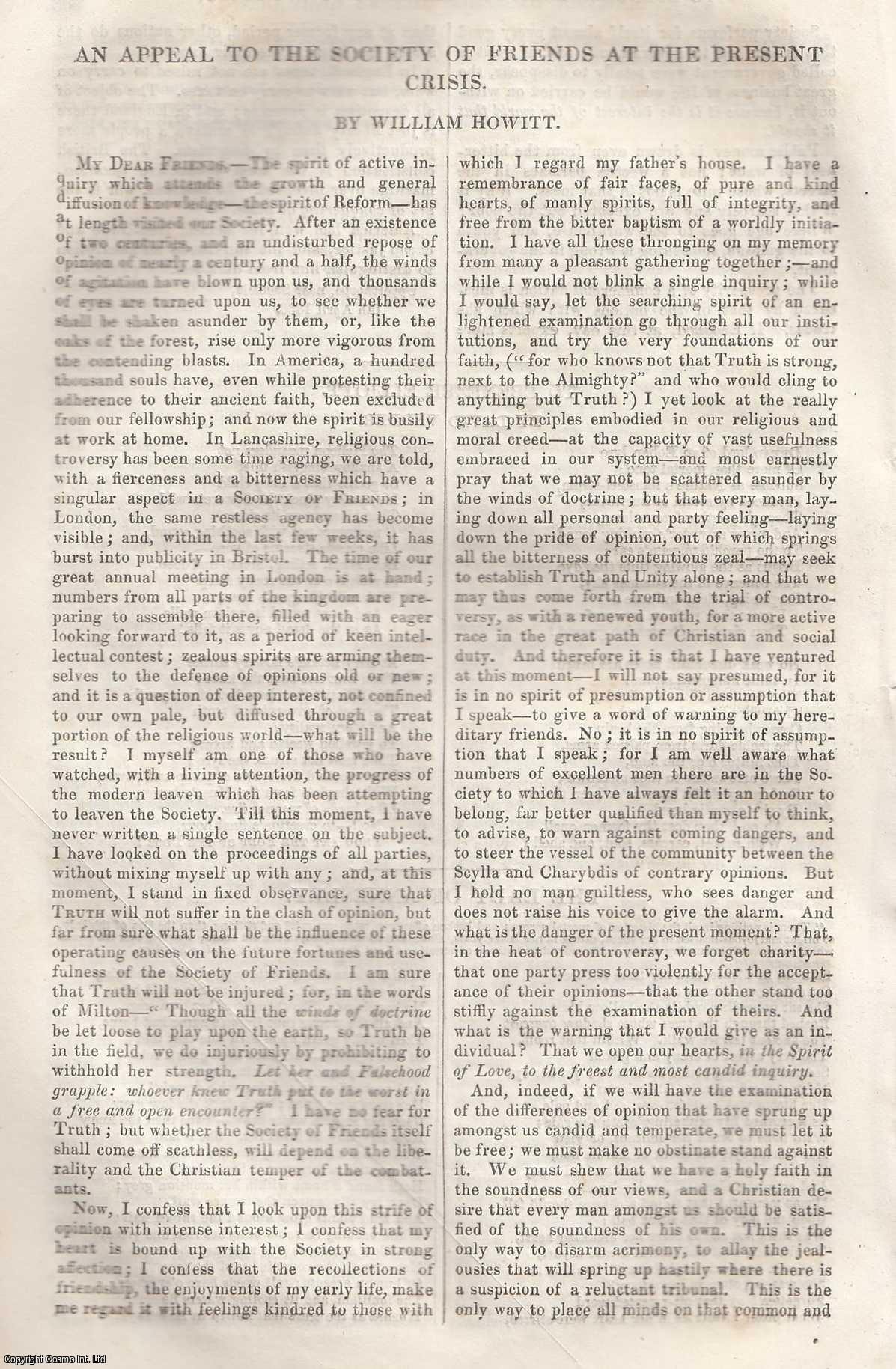 William Howitt - An Appeal to The Society of Friends at The Present Crisis. An original article from Tait's Edinburgh Magazine, 1836.