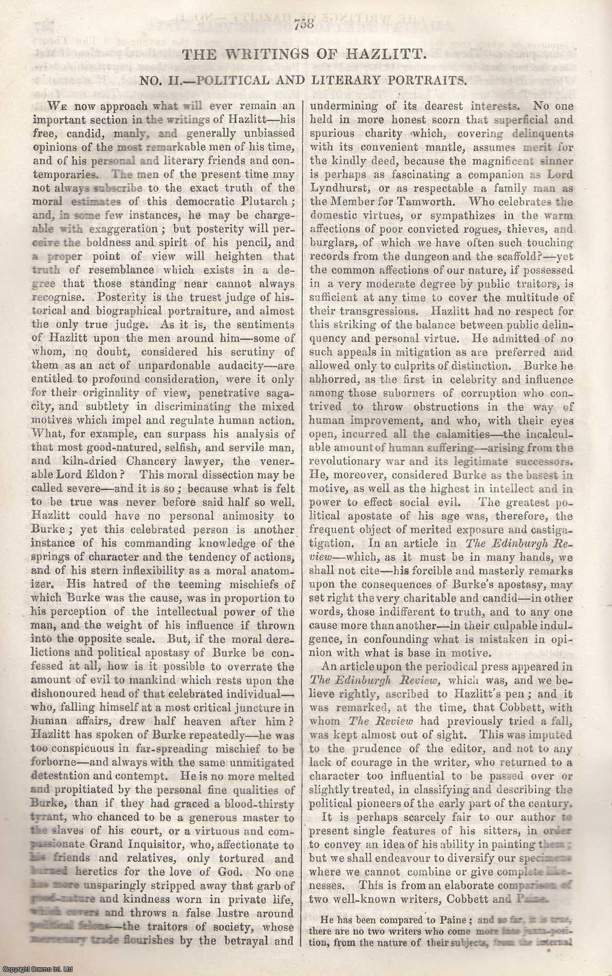 Johnstone, Christian - The Writings of Hazlitt (No. 2): Political and Literary Portraits. An original article from Tait's Edinburgh Magazine, 1836.