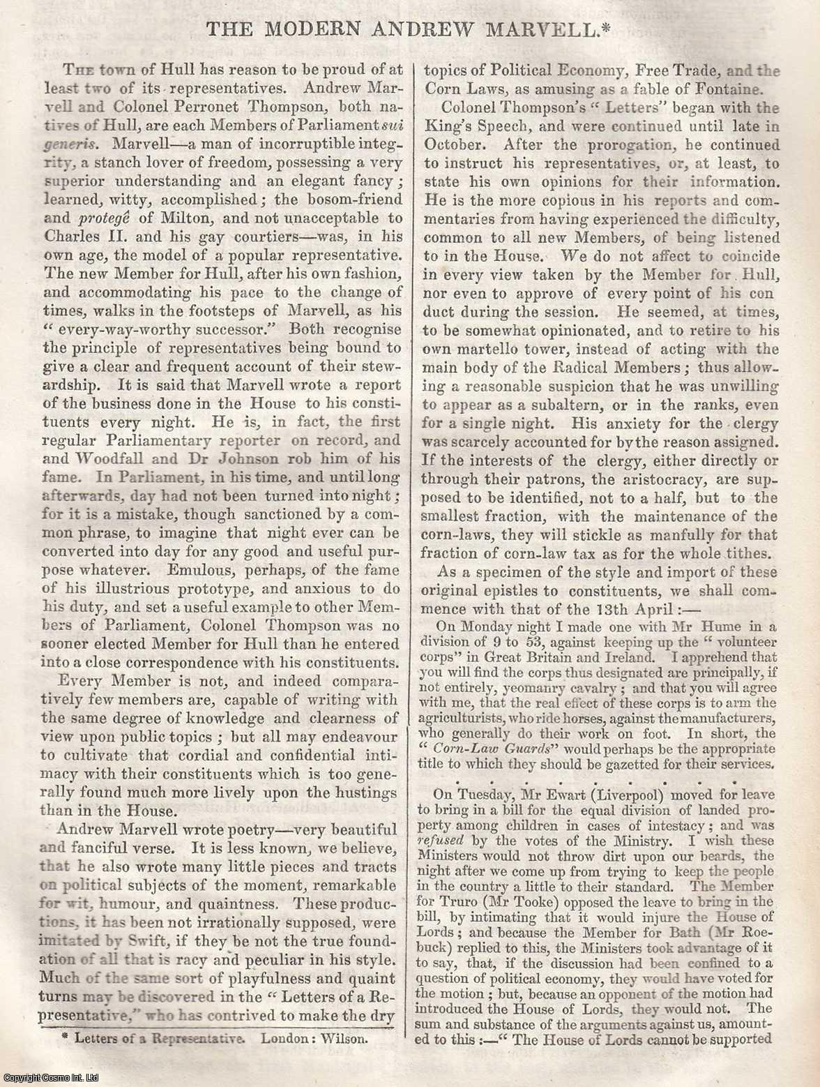 Johnstone, Christian - The Modern Andrew Marvell [On Perronet Thompson]. An original article from Tait's Edinburgh Magazine, 1836.