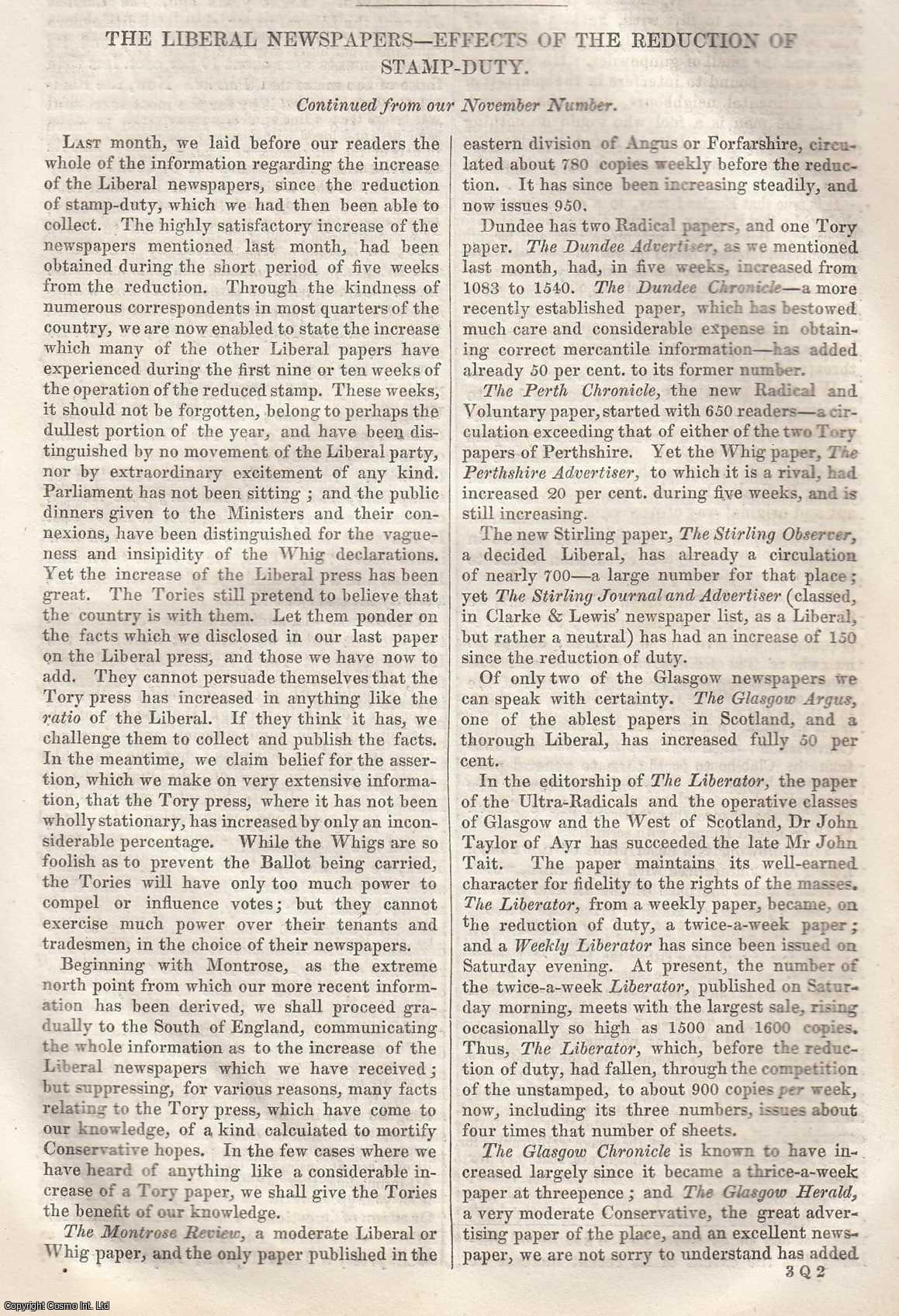 Darling, J. J. - The Liberal Newspapers: Effects of The Reduction of Stamp-Duty (No. 2, concluded.) An original article from Tait's Edinburgh Magazine, 1836.