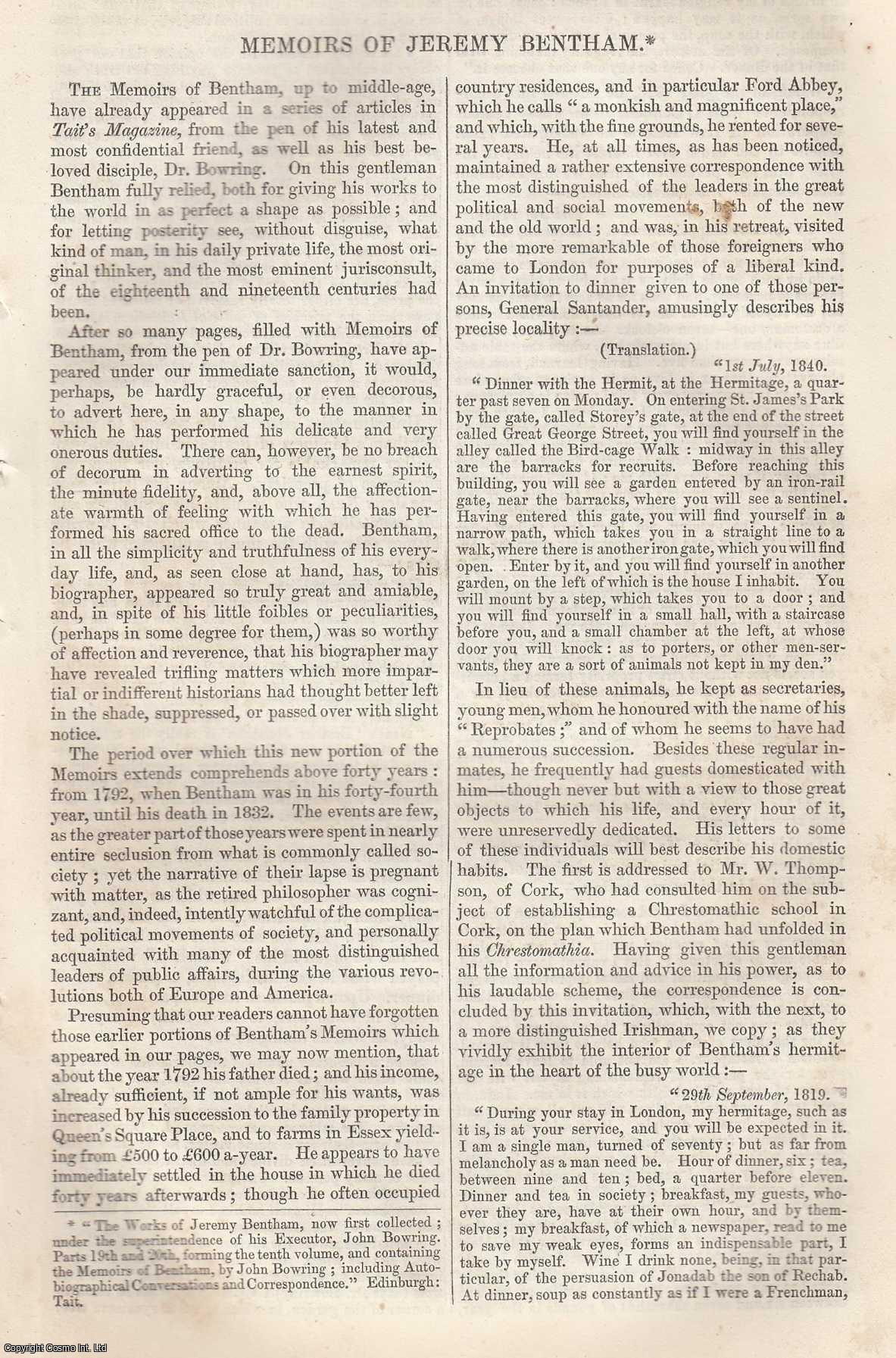 Johnstone, Christian - Bentham's Table Talk. Memoirs of Jeremy Bentham (Part 1). An original article from Tait's Edinburgh Magazine, 1842.