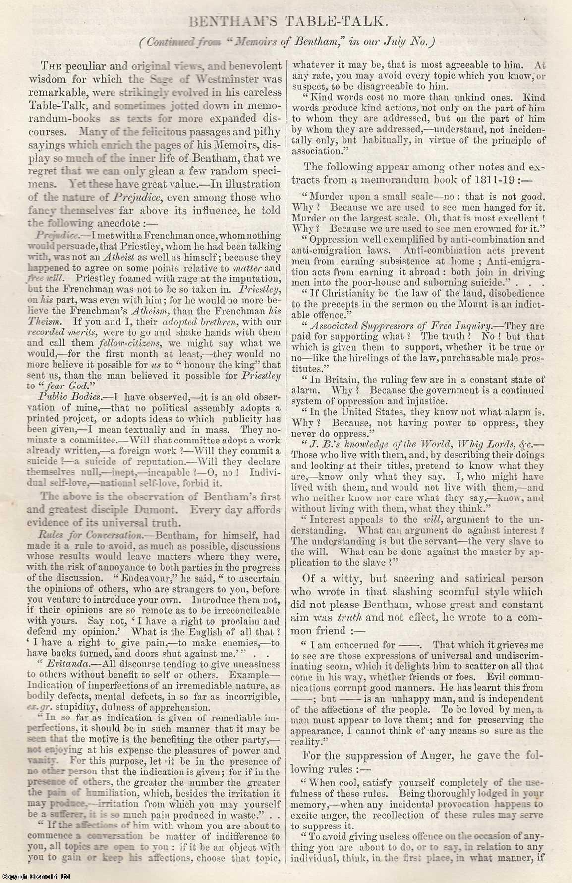 Johnstone, Christian - Bentham's Table Talk. Memoirs of Jeremy Bentham (Part 2 concluded). An original article from Tait's Edinburgh Magazine, 1842.