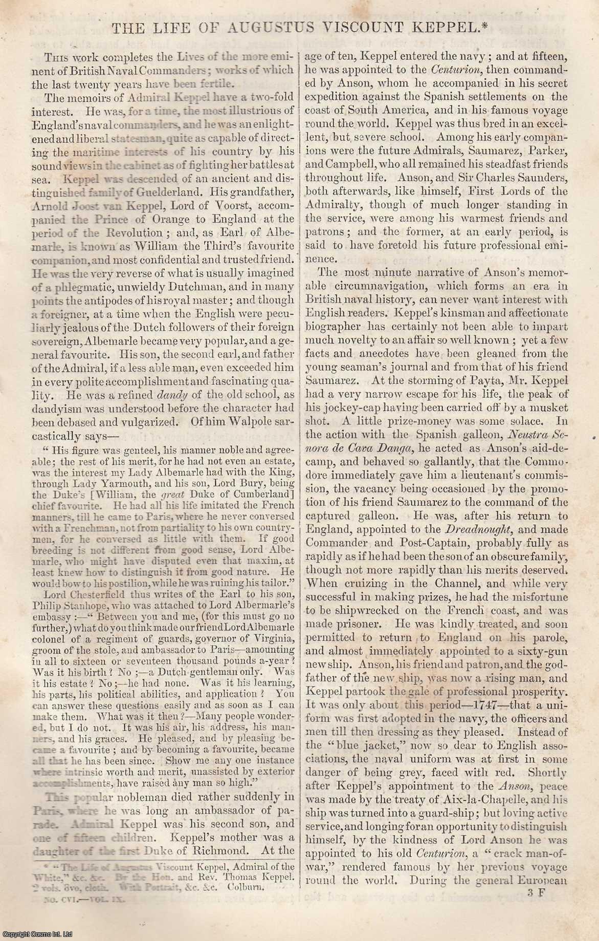 No Author Stated - The Life of Augustus Viscount Keppel. An original article from Tait's Edinburgh Magazine, 1842.