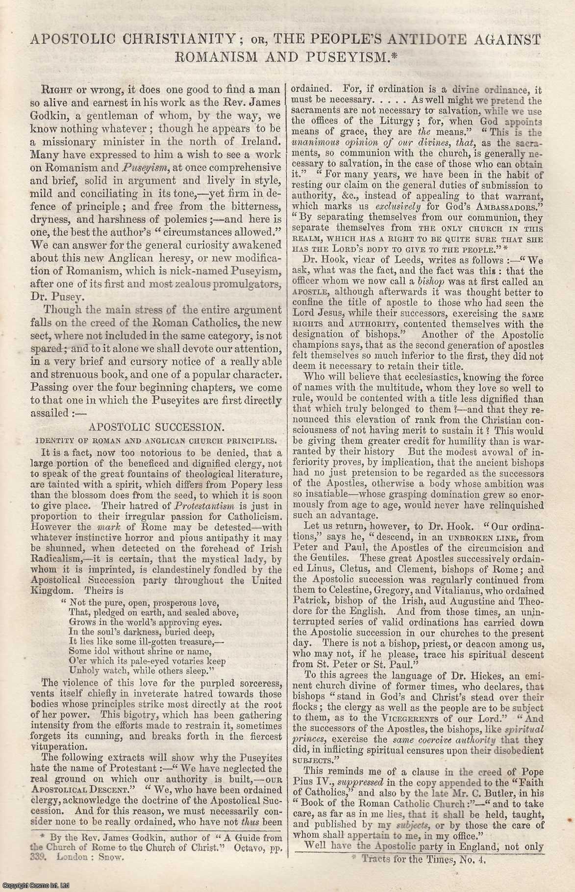 Johnstone, Christian - Apostolic Christianity; or, The People's Antidote Against Romanism and Puseyism. An original article from Tait's Edinburgh Magazine, 1843.