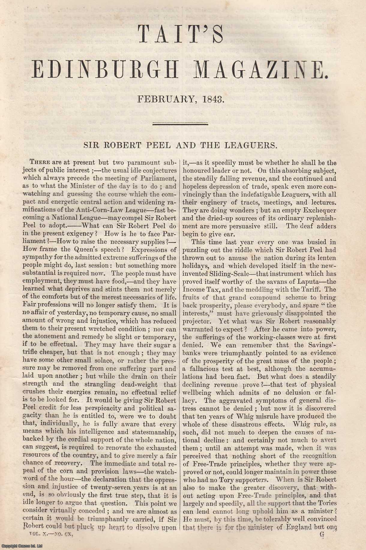 Johnstone, Christian - Sir Robert Peel and The Corn Law Leaguers. An original article from Tait's Edinburgh Magazine, 1843.