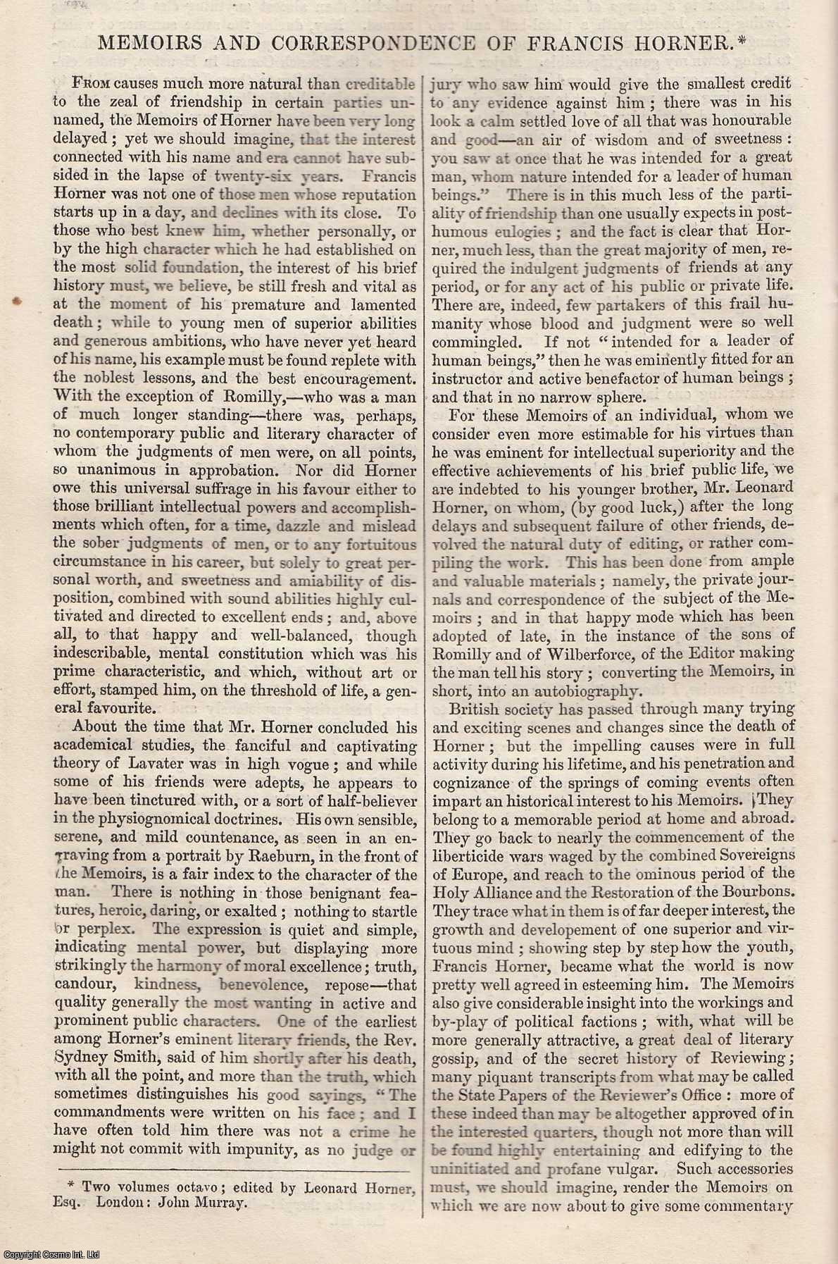 Johnstone, Christian - Memoirs and Correspondence of Francis Horner. An original article from Tait's Edinburgh Magazine, 1843.