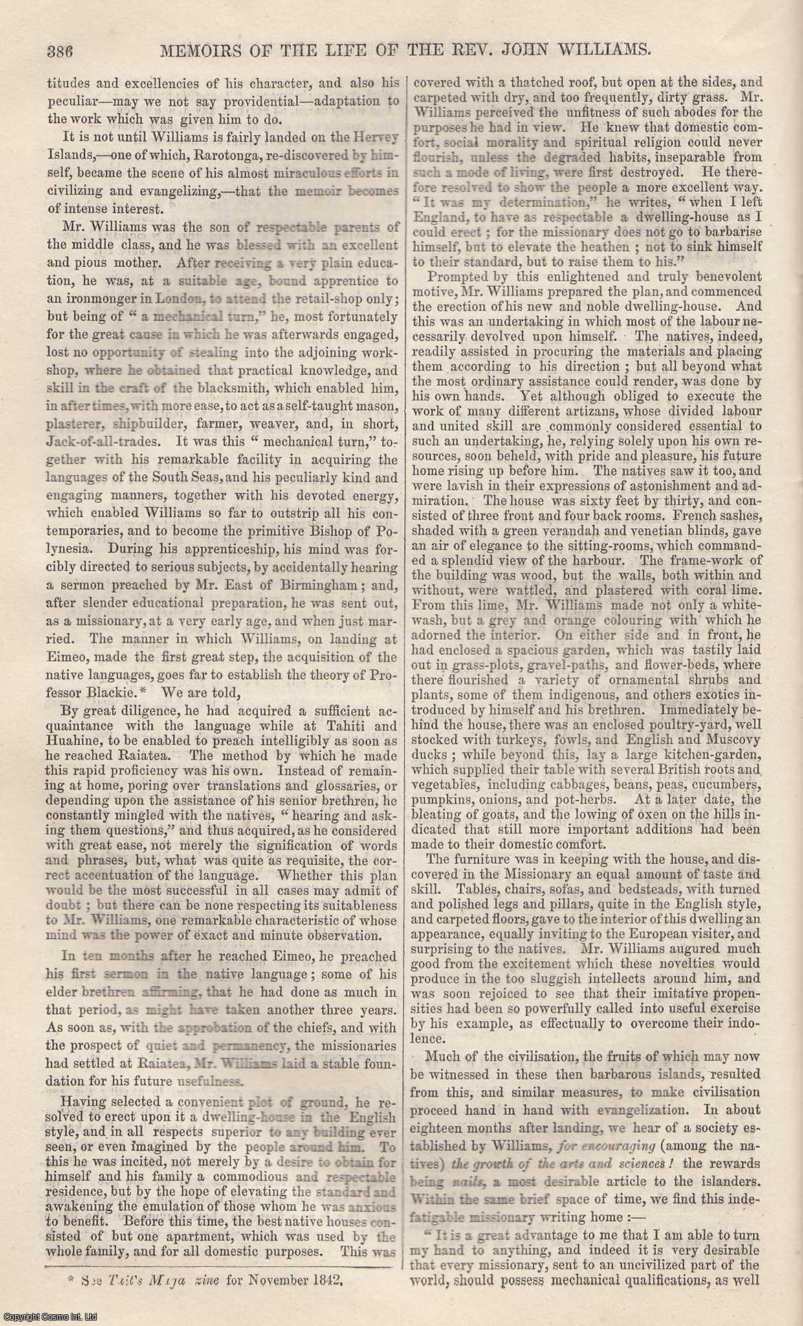 Johnstone, Christian - Memoirs of The Life of The Rev. John Williams. An original article from Tait's Edinburgh Magazine, 1843.