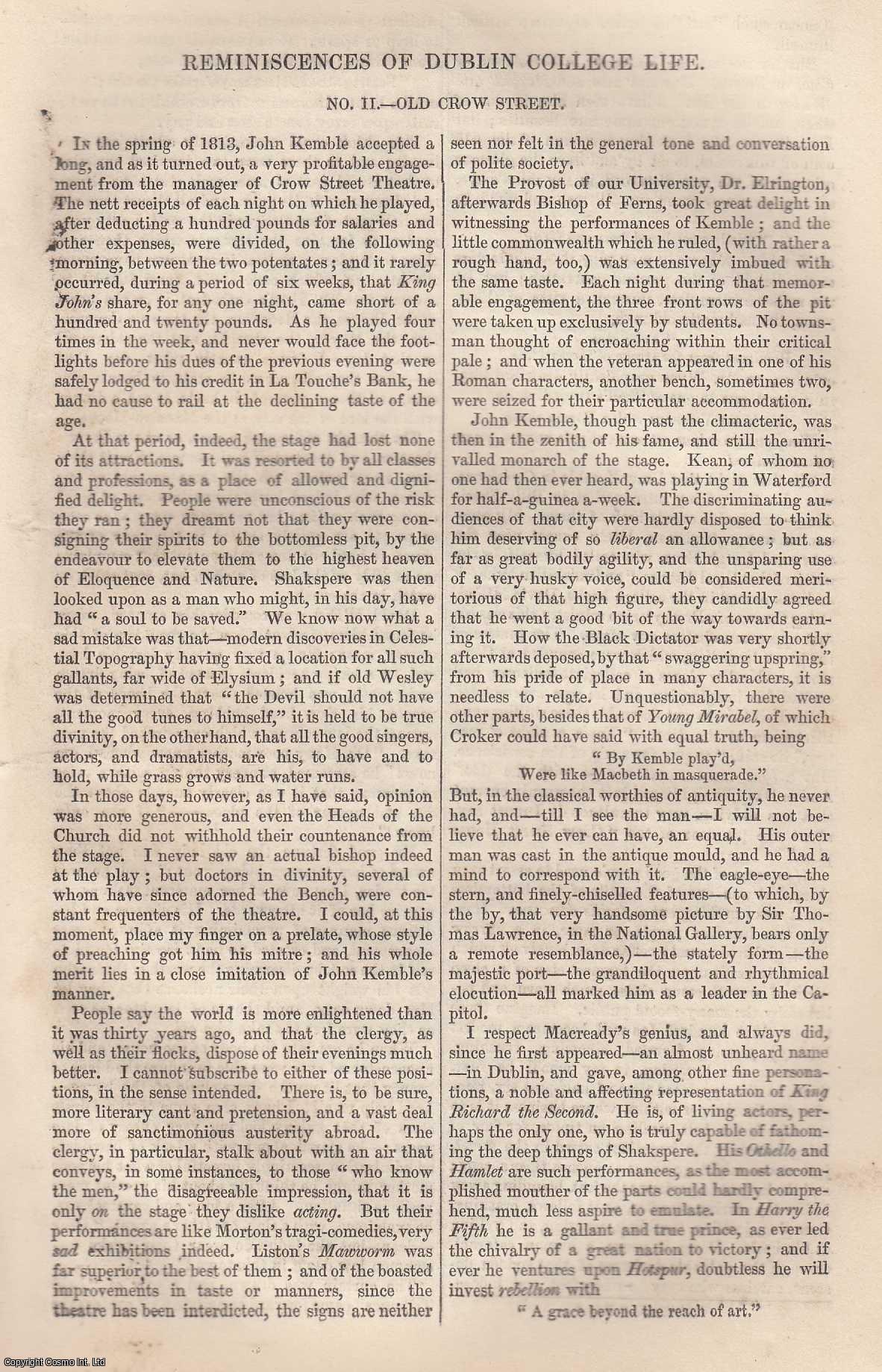--- - Reminiscences of Dublin College Life. Old Crow Street. An original article from Tait's Edinburgh Magazine, 1843.