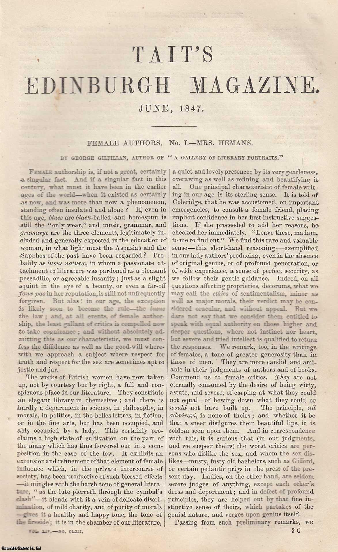 Gilfillan, George - Felicia Dorothea Hemans, English poet. An original article from Tait's Edinburgh Magazine, 1847.