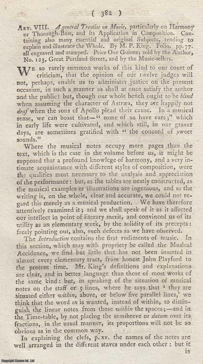 Author Not Stated - A General Treatise on Music, Particularly on Harmony or Thorough-Bass, and its Application in Composition. Containing also Many Essential and Original Subjects. An original article from the Monthly Review, 1800.