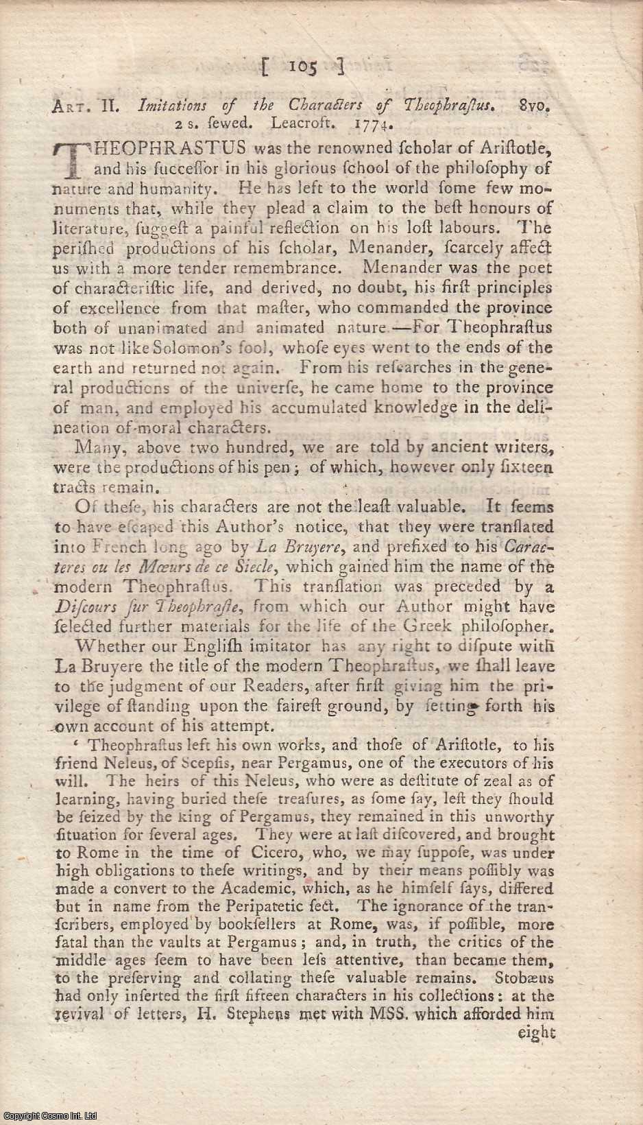 Author Not Stated - Imitations of The Characters of Theophrastus. An original article from the Monthly Review, 1775.