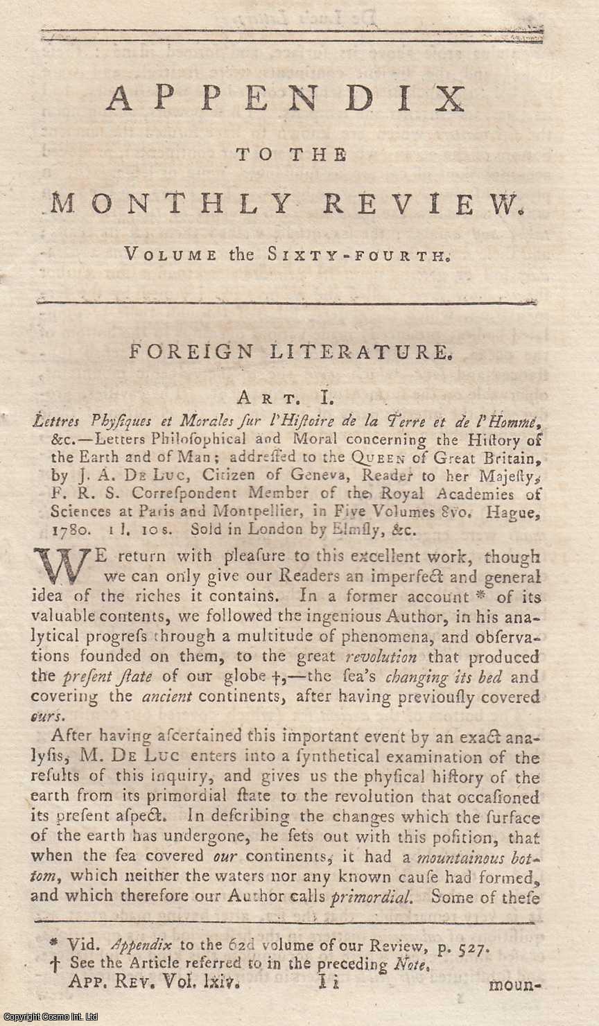 Author Not Stated - Letters Philosophical and Moral concerning the History of the Earth and of Man; addressed to the Queen of Great Britain, by J.A. De Luc, Citizen of Geneva. An original article from the Monthly Review, 1756.