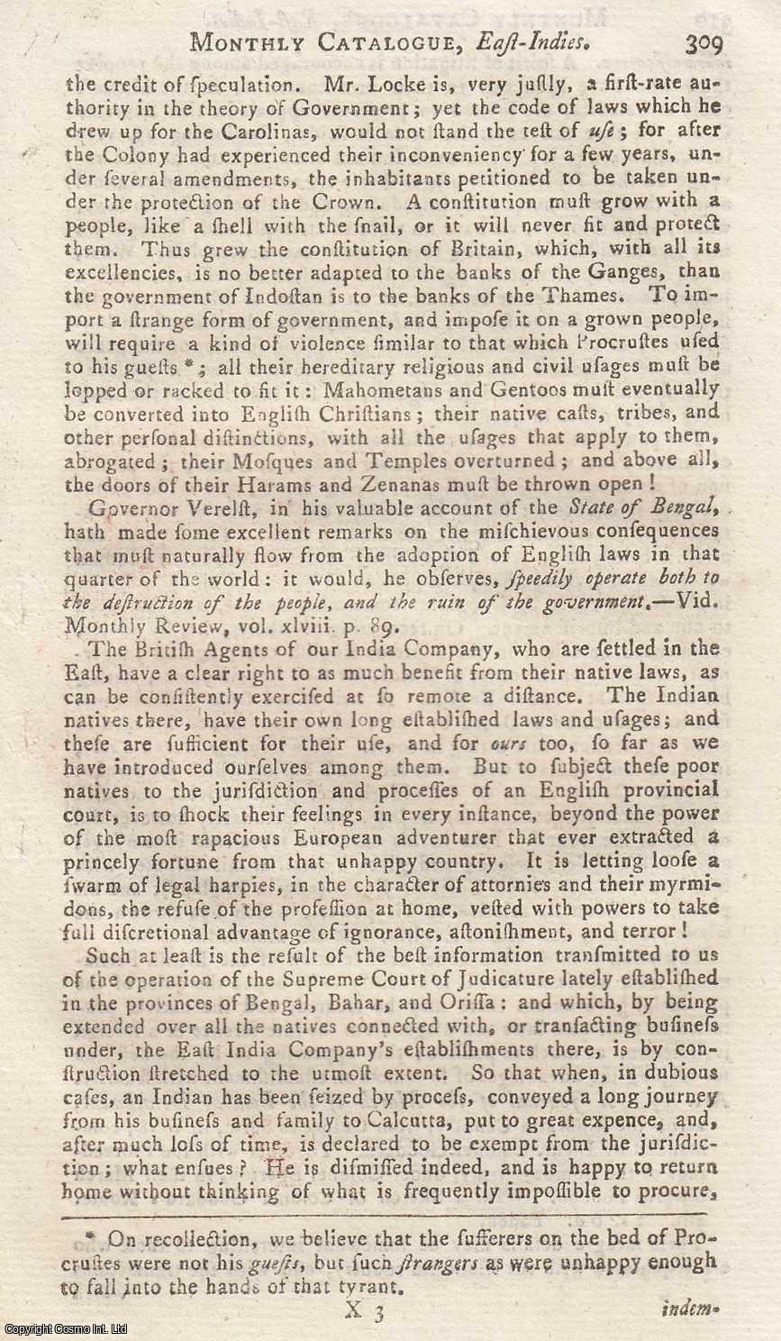 Author Not Stated - East Indies. An Account of an Arrest made at Dacca in Bengal, and a Rescue made by the Head Fouzdar of the Place. An original article from the Monthly Review, 1781.