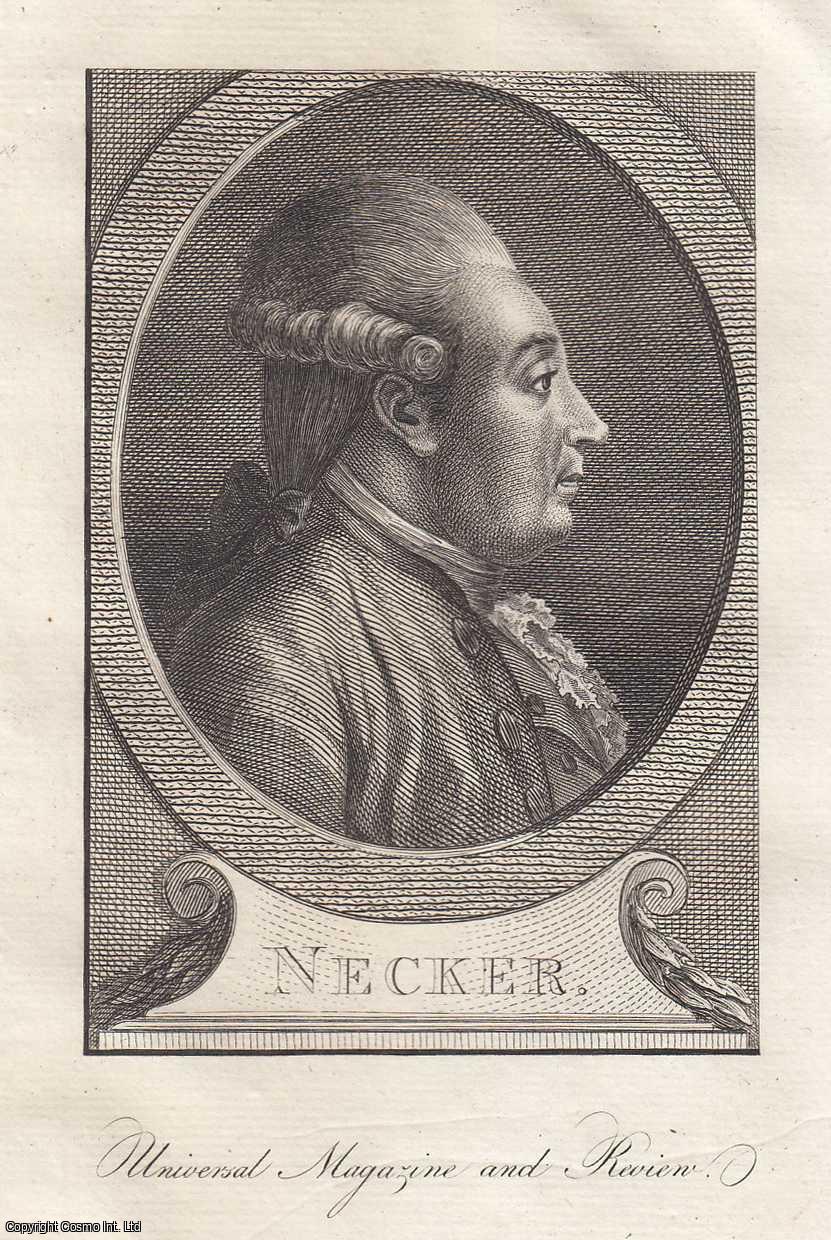 ENGRAVING - Jacques Necker, finance minister for Louis XVI, 1777-1781. An attractive original copper engraving from 1789, image size 9 x 15 cms approx. Published by Universal Magazine 1789.