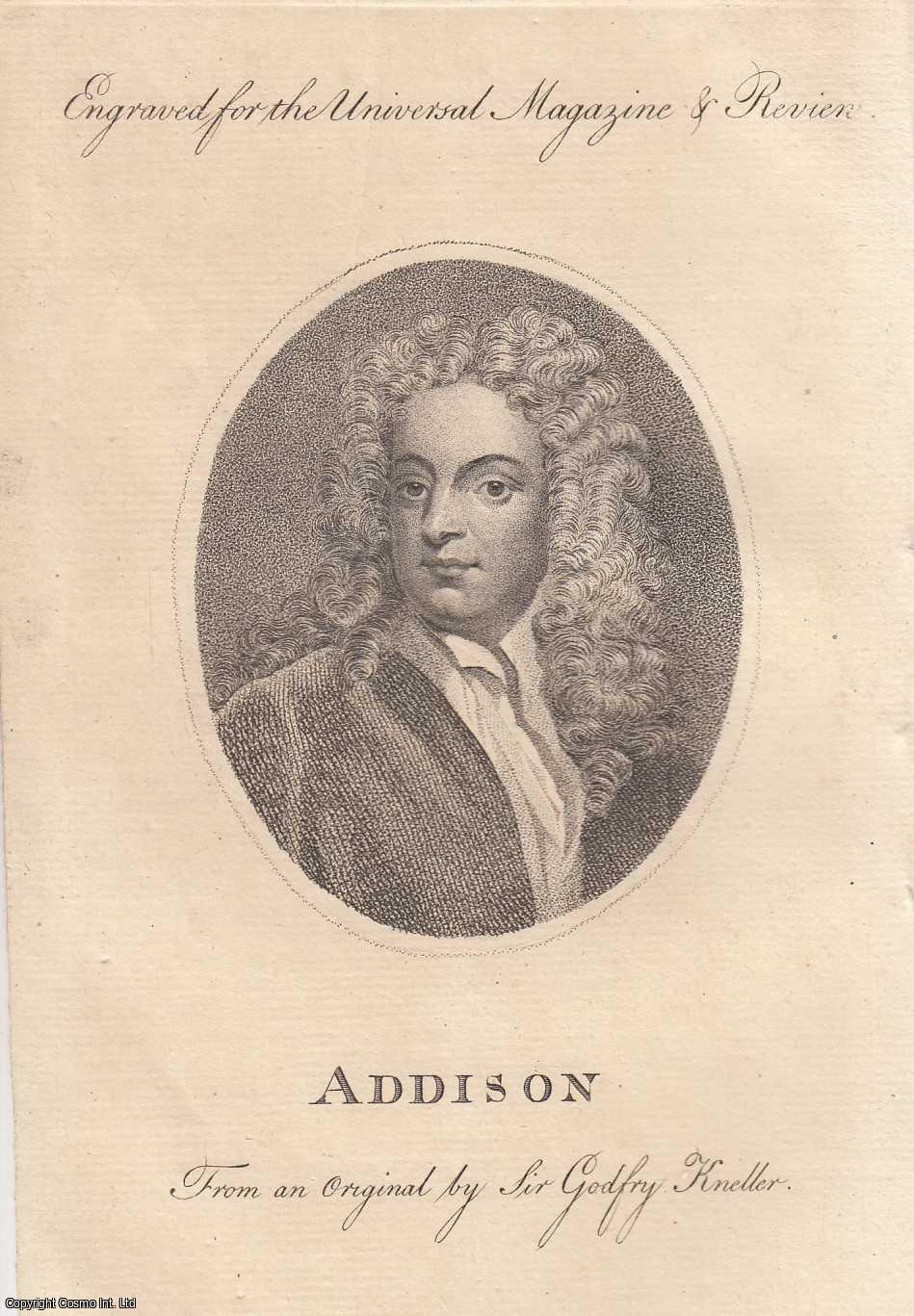 ENGRAVING - Joseph Addison, English essayist, poet, playwright and politician. An attractive original copper engraving from 1790, image size 9 x 14 cms approx. Published by Universal Magazine 1790.