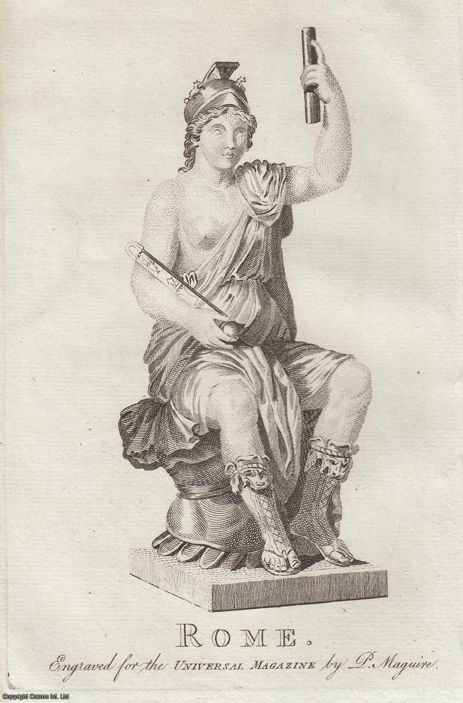 ENGRAVING - Roma, or Rome. Goddess of the Roman Empire. An attractive original copper engraving from 1790, image size 10 x 17 cms approx. Published by Universal Magazine 1790.