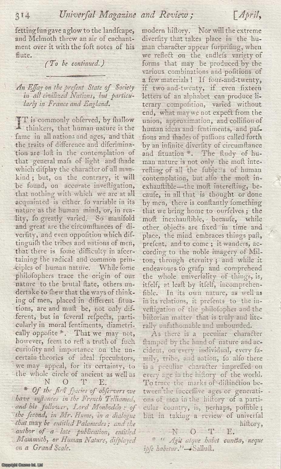 Universal Magazine - An Essay on the present State of Society in all civilized Nations, but particularly in France and England. An original article from the Universal Magazine, 1789.