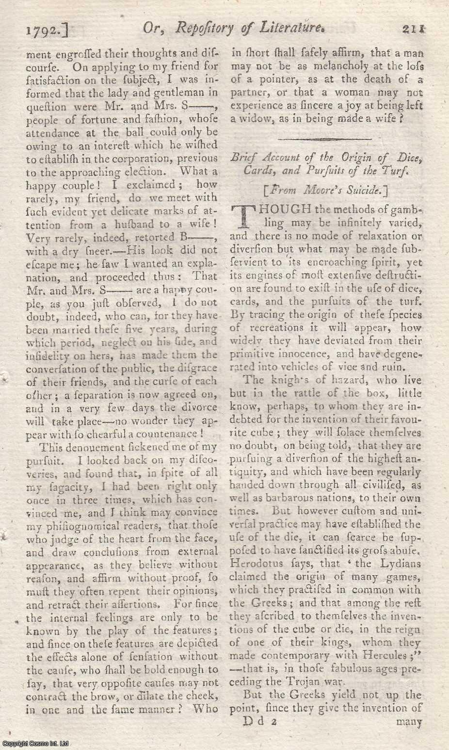 GAMBLING - Brief Account of the Origin of Dice, Cards, and Pursuits of the Turf. An original article from the Universal Magazine, 1792.