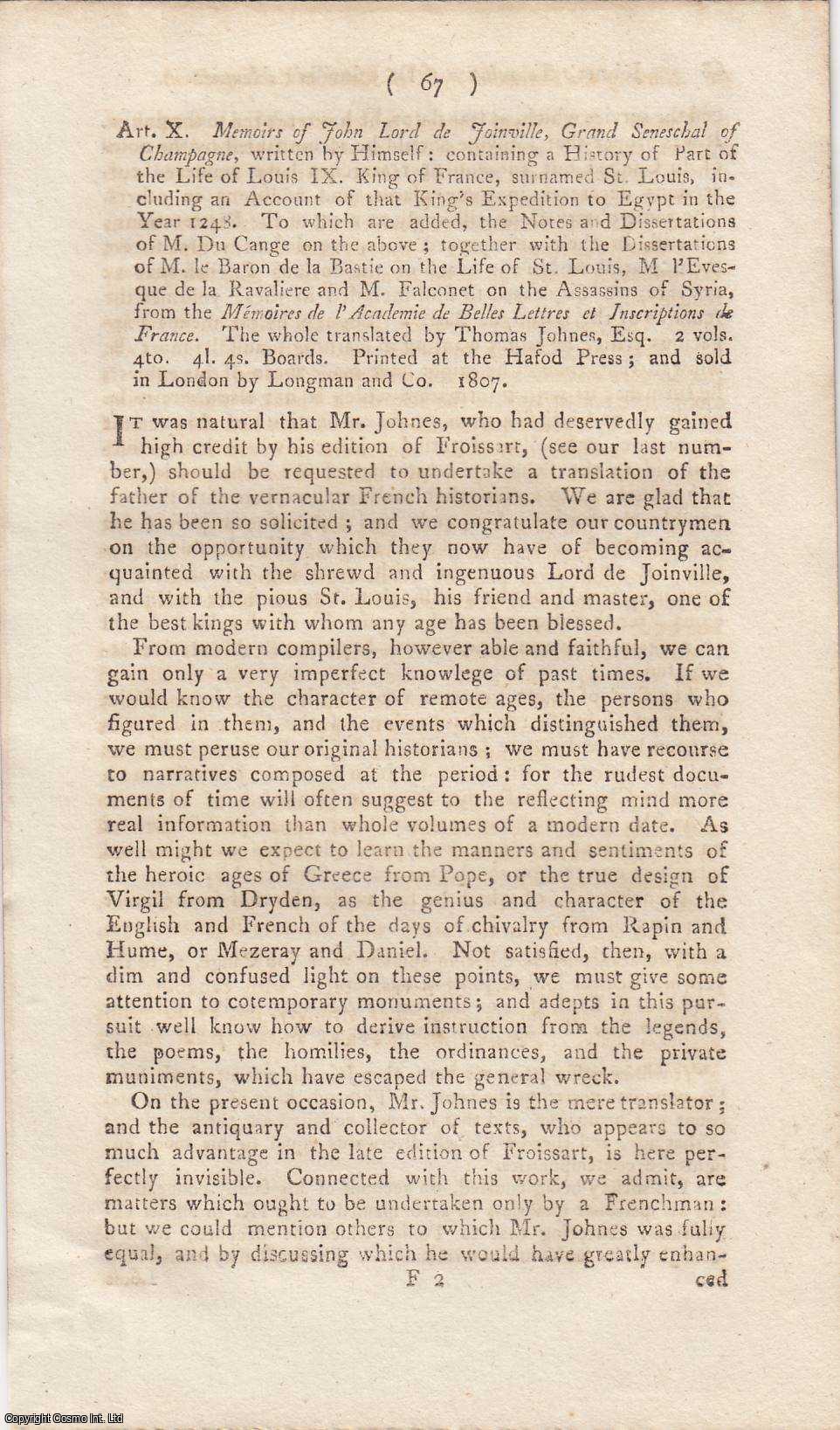 Stephen Jones - Memoirs of John Lord de Joinville, Grand Seneschal of Champagne, Written by Himself: Containing a History of Part of The Life of Louis IX. King of France Translated by Thomas Johnes. An original article from the Monthly Review, 1808.