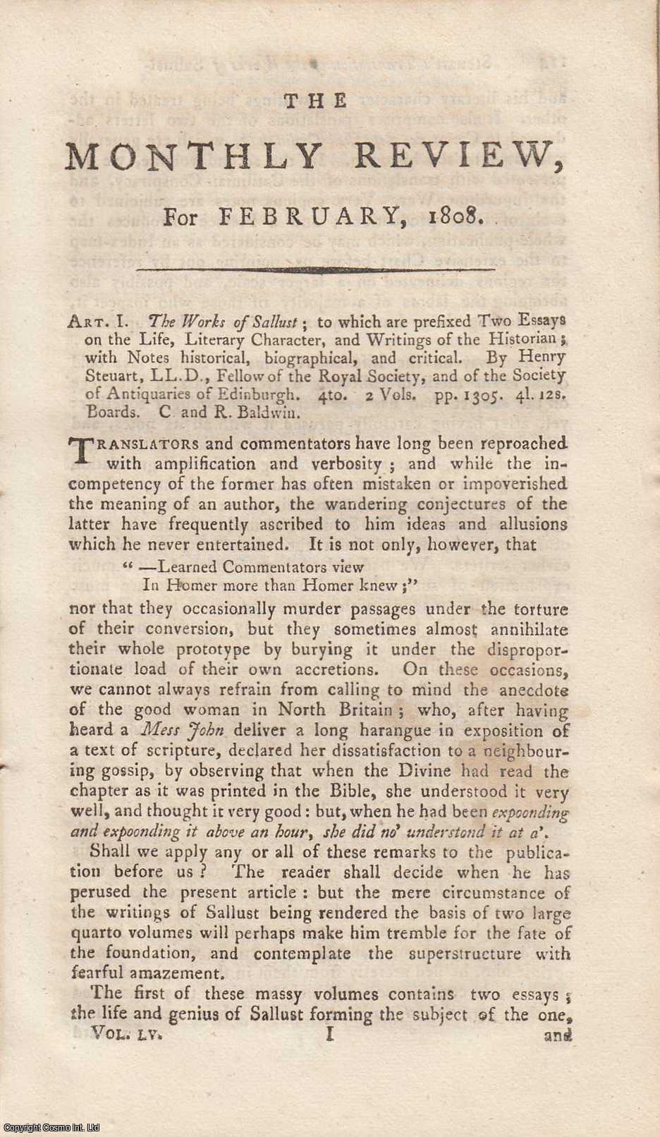 Thomas Denman - The Works of Sallust; to which are Prefixed Two Essays on The Life, Literary Character, and Writings of The Historian; with Notes Historical, Biographical and Critical. By Henry Steuart. An original article from the Monthly Review, 1808.
