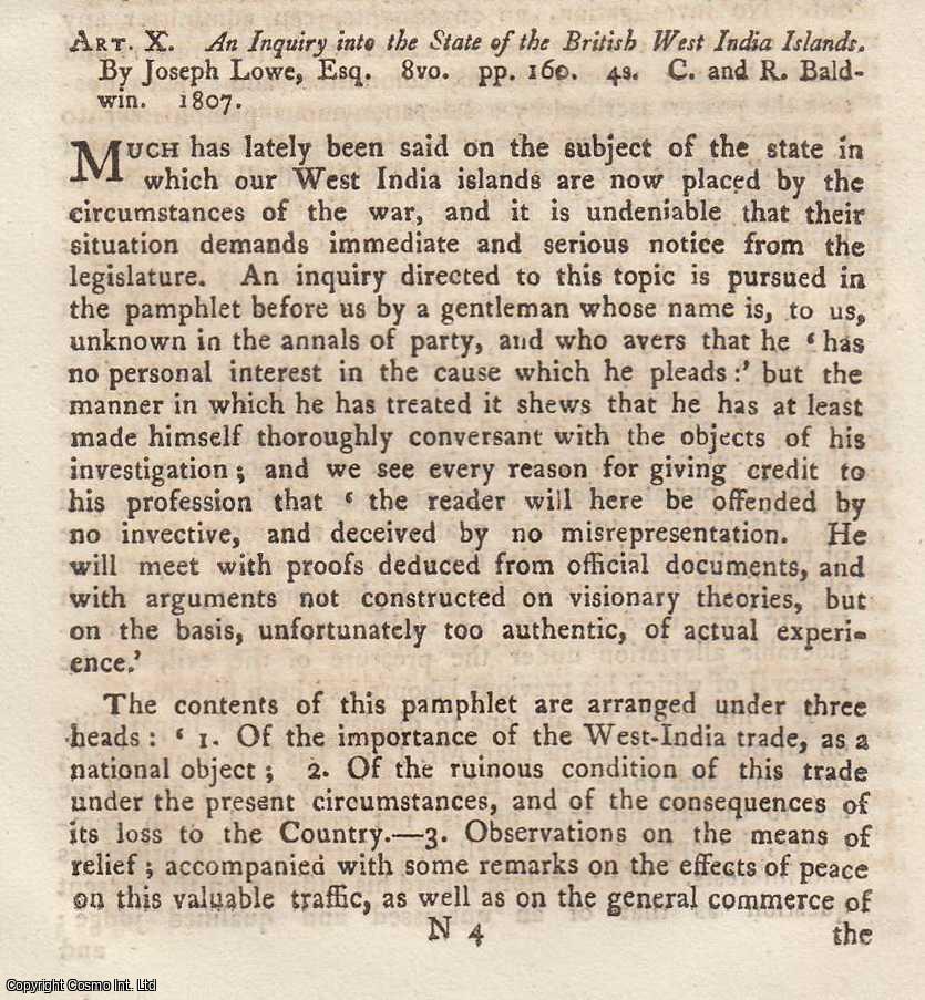 Stephen Jones - An Inquiry into The State of The British West India Islands. By Joseph Lowe. An original article from the Monthly Review, 1808.