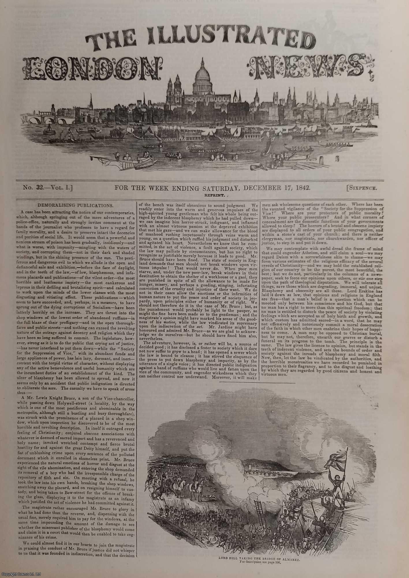 ILLUSTRATED LONDON NEWS - ILN 1842 : Death of Lord Hill; Threadneedle Street; Prize Hereford Ox; Demoralising Publications; All contained in a COMPLETE original issue of The Illustrated London News. Issue No 32, December 17, 1842.