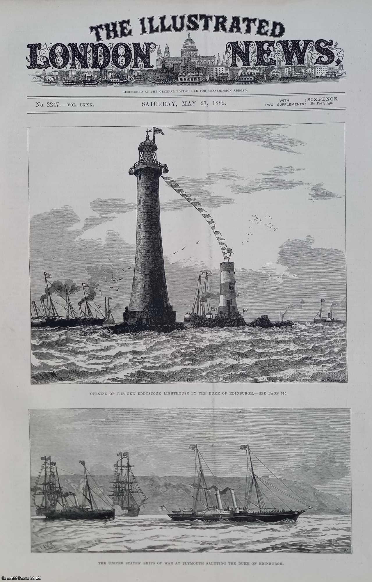 LIGHTHOUSES - Opening of the new Eddystone Lighthouse. Two pages from the Illustrated London News, 1882.
