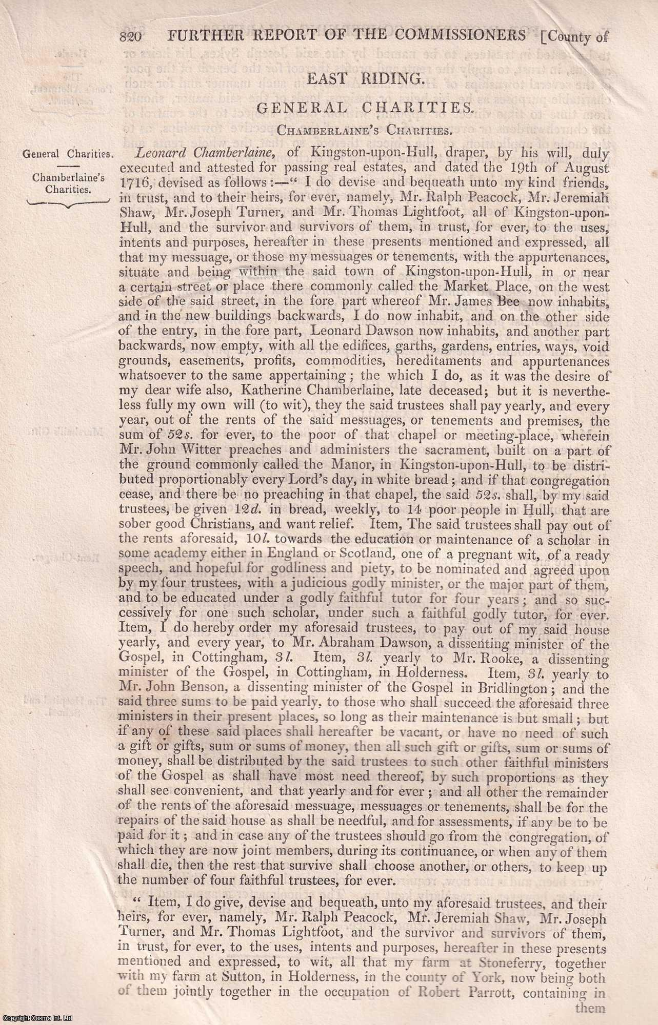 Charity Commissioners - 1839. East Riding, General Charities, Yorkshire : An original article from the Reports of the Commissioners to Inquire Concerning Charities & Education of the Poor in England and Wales.