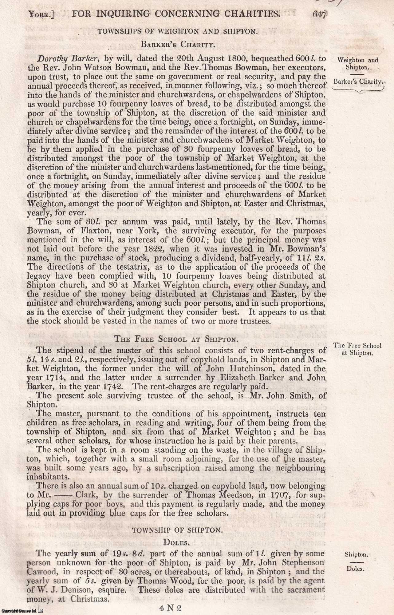 Charity Commissioners - 1839. Parish of Market Weighton, Wapentake of Ouse and Derwent, Parish of Wheldrake, and others, Yorkshire : An original article from the Reports of the Commissioners to Inquire Concerning Charities & Education of the Poor in England and Wales.