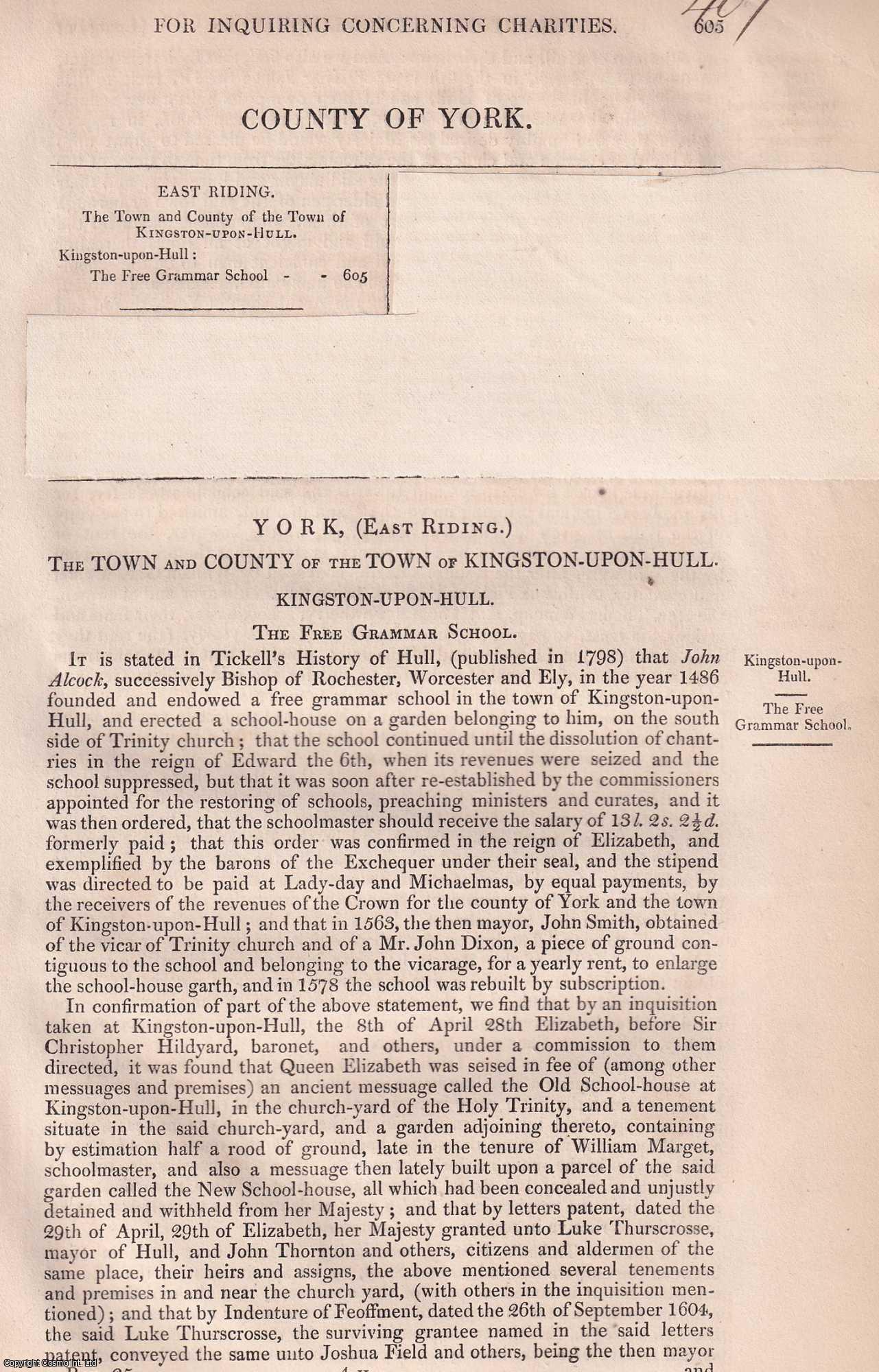 Charity Commissioners - 1839. Kingston upon Hull, Free Grammar School, and Boynton Almshouses, Yorkshire : An original article from the Reports of the Commissioners to Inquire Concerning Charities & Education of the Poor in England and Wales.