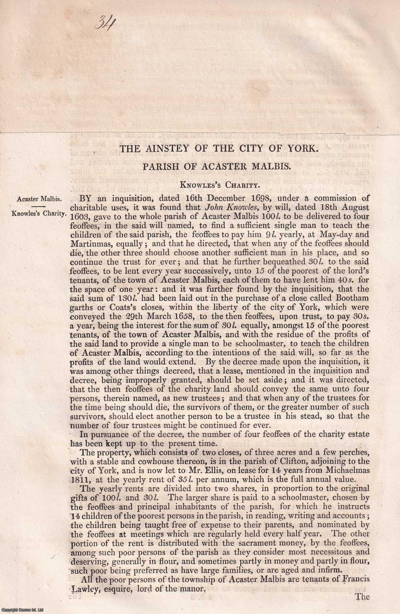 Charity Commissioners - 1839. Parish of Acaster Malbis, Askham Bryan, Nether Poppleton, Parish of Tadcaster, and others, Yorkshire : An original article from the Reports of the Commissioners to Inquire Concerning Charities & Education of the Poor in England and Wales.