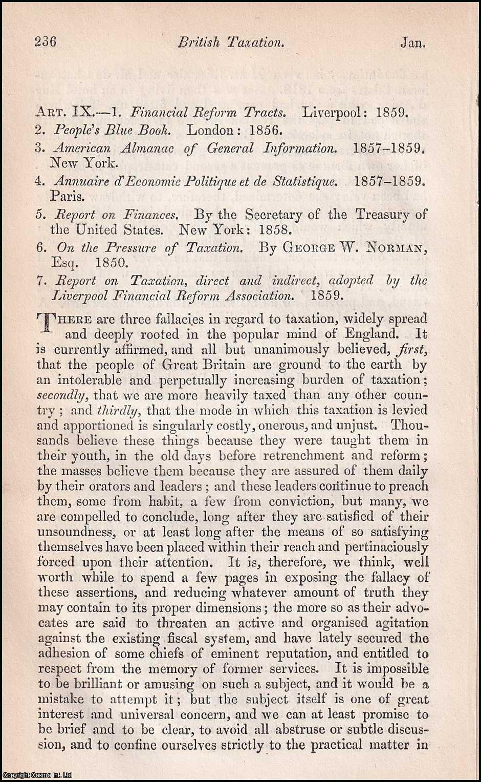 W.R. Greg - British Taxation. An uncommon original article from The Edinburgh Review, 1860.