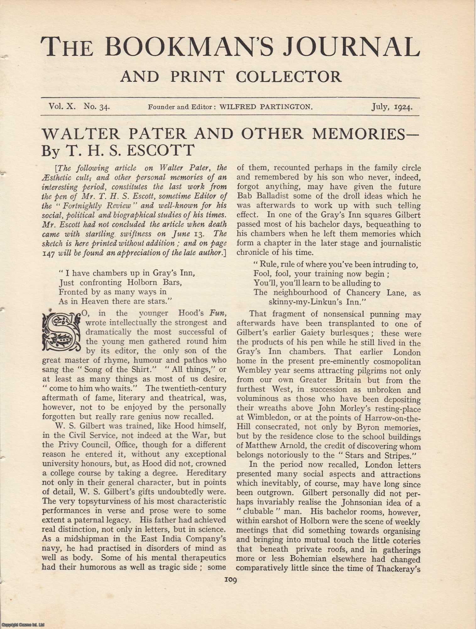 T.H.S. Escott - Walter Pater and Other Memories. An original article from The Bookman's Journal. Published by Bookman's Journal 1924.