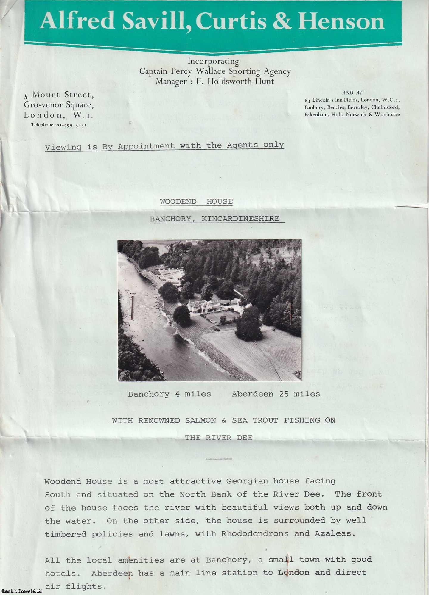 Advert - Woodend House, Banchory, Kincardineshire. £1350, per year let. Estate agents 4 page foolscap (21 x 33 cms) with small black & white photograph, property details, and letting price at the end. Undated, but likely c.1970.