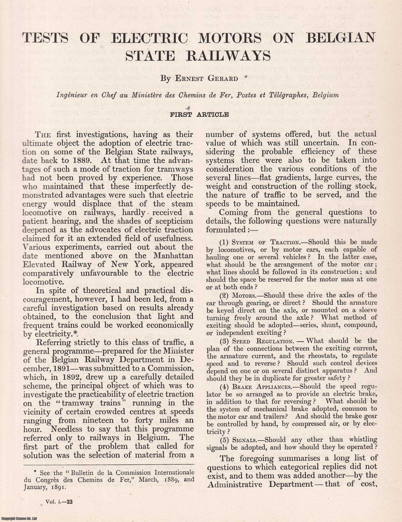 Ernest Gerard - Tests of Electric Motors on Belgian State Railways. An original article from Engineering, 1901.