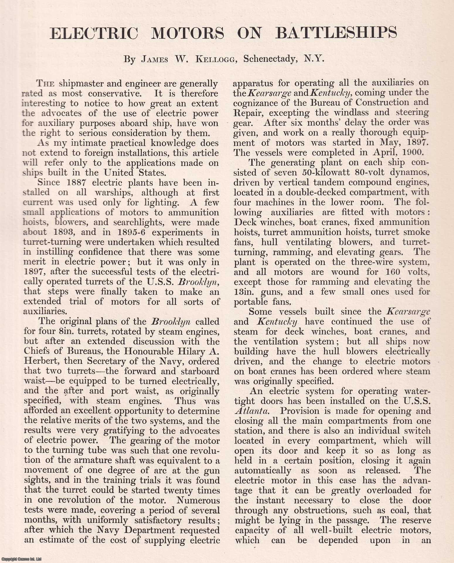 James W. Kellogg, Schenectady, New York - Electric Motors on Battleships. An original article from Engineering, 1901.