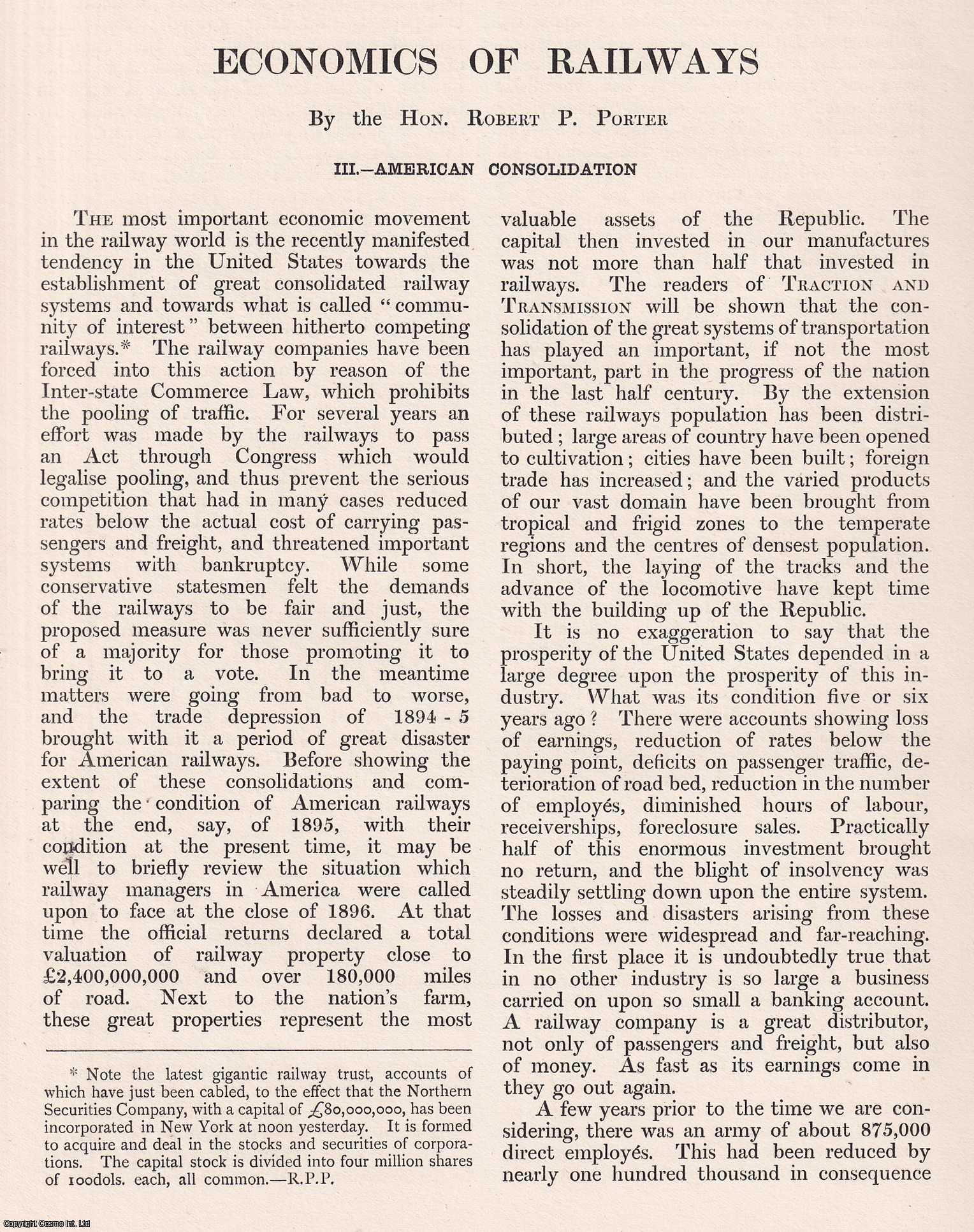 Hon. Robert P. Porter - American Consolidation. Economics of Street Railways. An original article from Engineering, 1901.