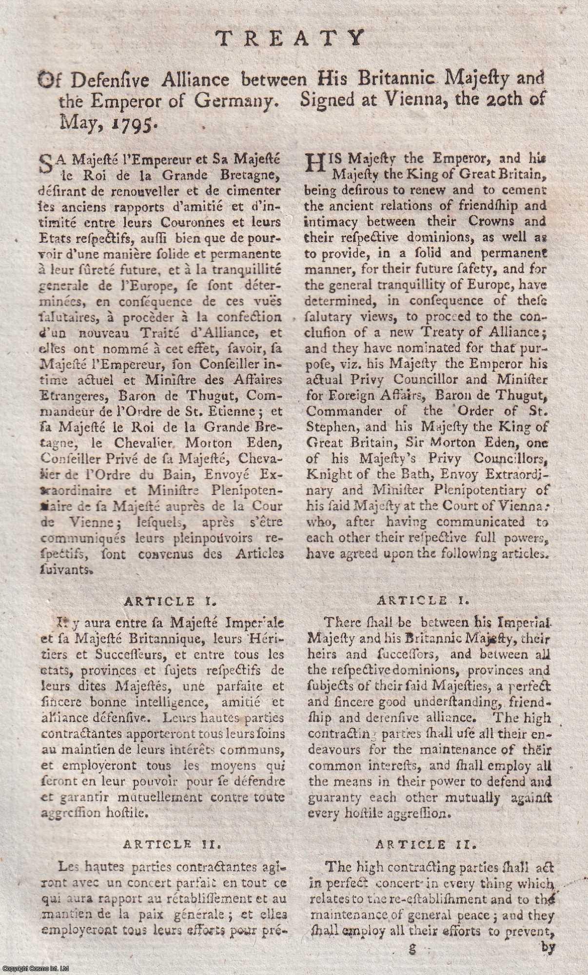 Germany - Germany : Treaty of Defensive Alliance between His Britannic Majesty and the Emperor of Germany, 20th May 1795. From Woodfall's Impartial Report of the Debates that Occur in the Two Houses of Parliament, 1795.