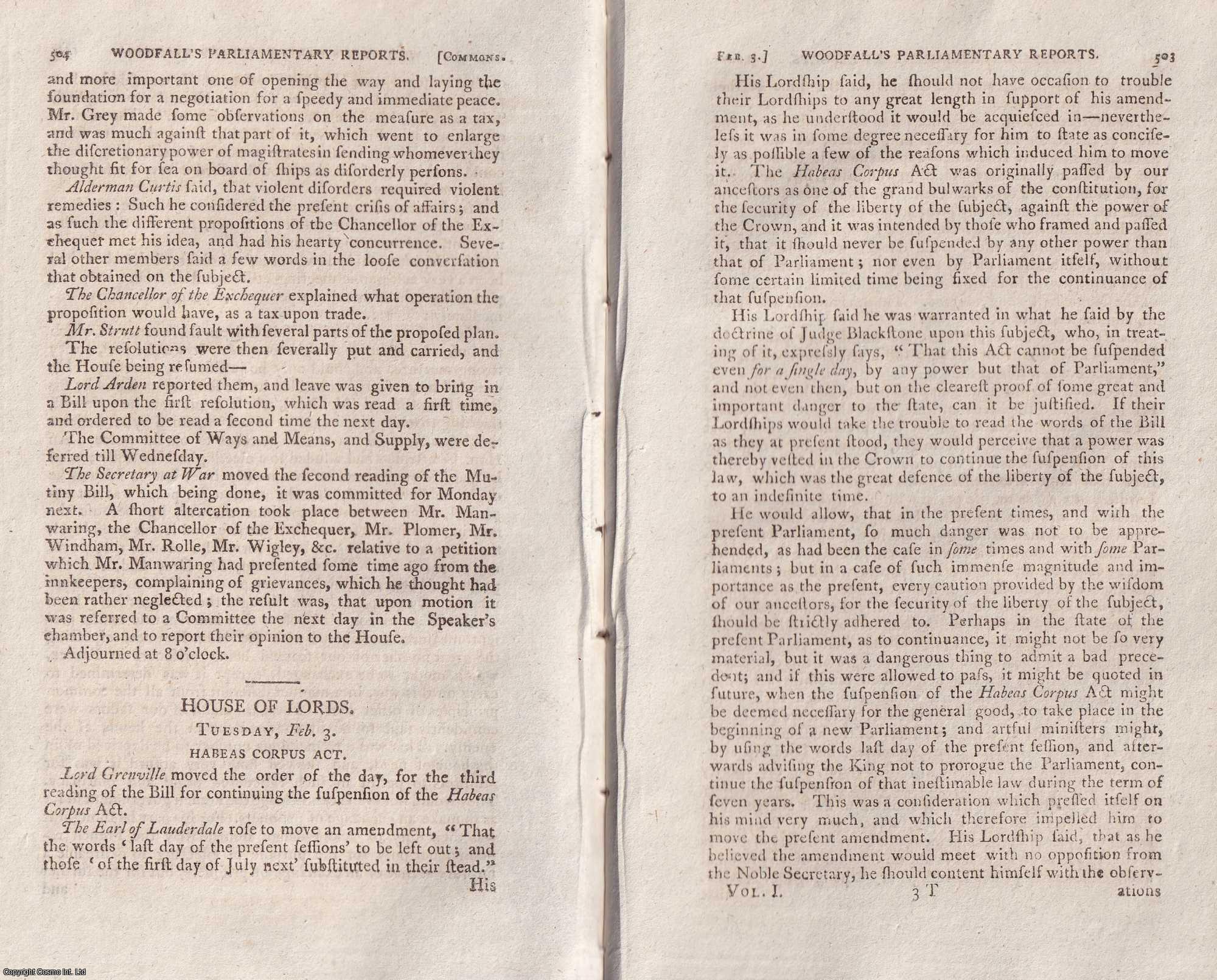 Habeas Corpus - 1795 February, Habeas Corpus Bill. A collection of pages from Woodfall's Impartial Report of the Debates that Occur in the Two Houses of Parliament, 1795.