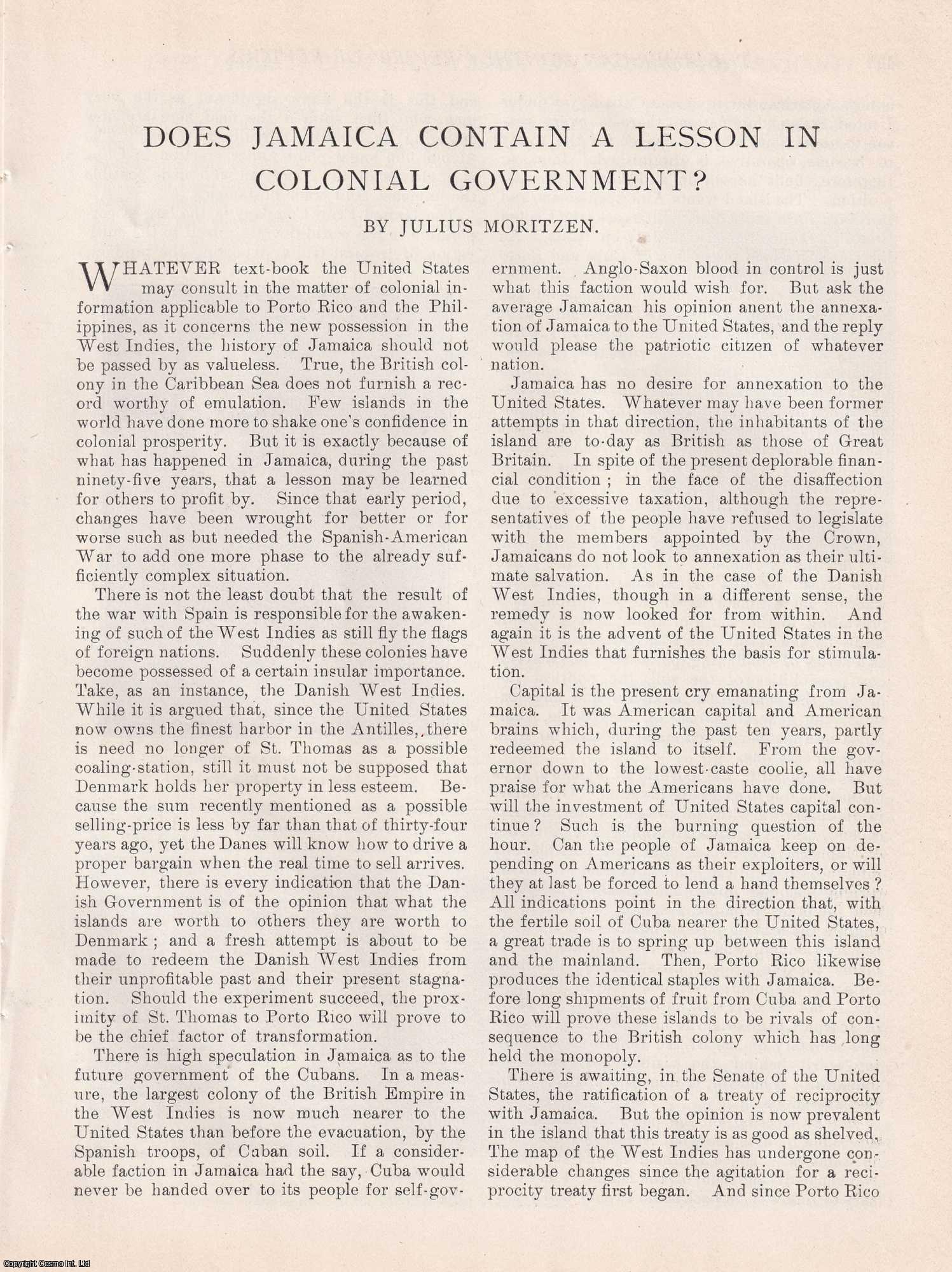 Julius Moritzen - Does Jamaica Contain a Lesson in Colonial Government ? An original article from the American Review of Reviews, 1900.