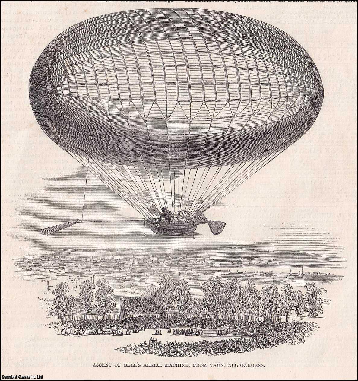 BALLOONING - Bell's Aerial Machine at Vauxhall Gardens. An original print from the Illustrated London News, 1850.