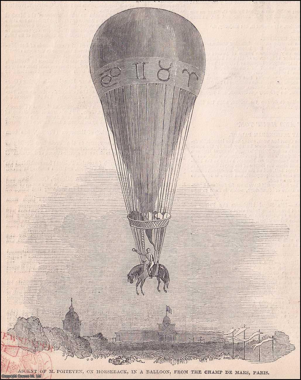 BALLOONING - Mr Poiteven's horseback balloon ascent, Champ de Mars, Paris. An original print from the Illustrated London News, 1850.