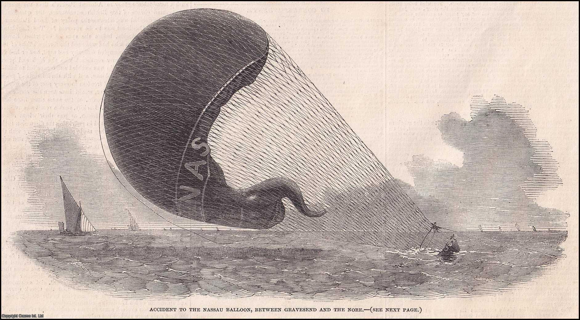 BALLOONING - The Nassau Balloon; Mr Green & Rush, Perilous Balloon Ascent from Vauxhall Gardens to the sea near Gravesend. An original print from the Illustrated London News, 1850.