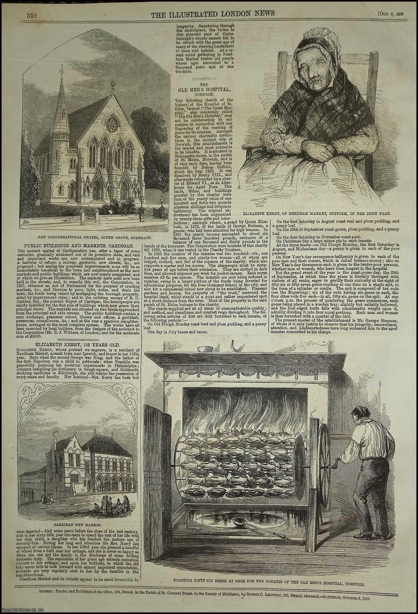 HOSPITAL - Norwick; The Hospital of St. Giles, commonly called The Old Men's Hospital. An original print from the Illustrated London News, 1859.