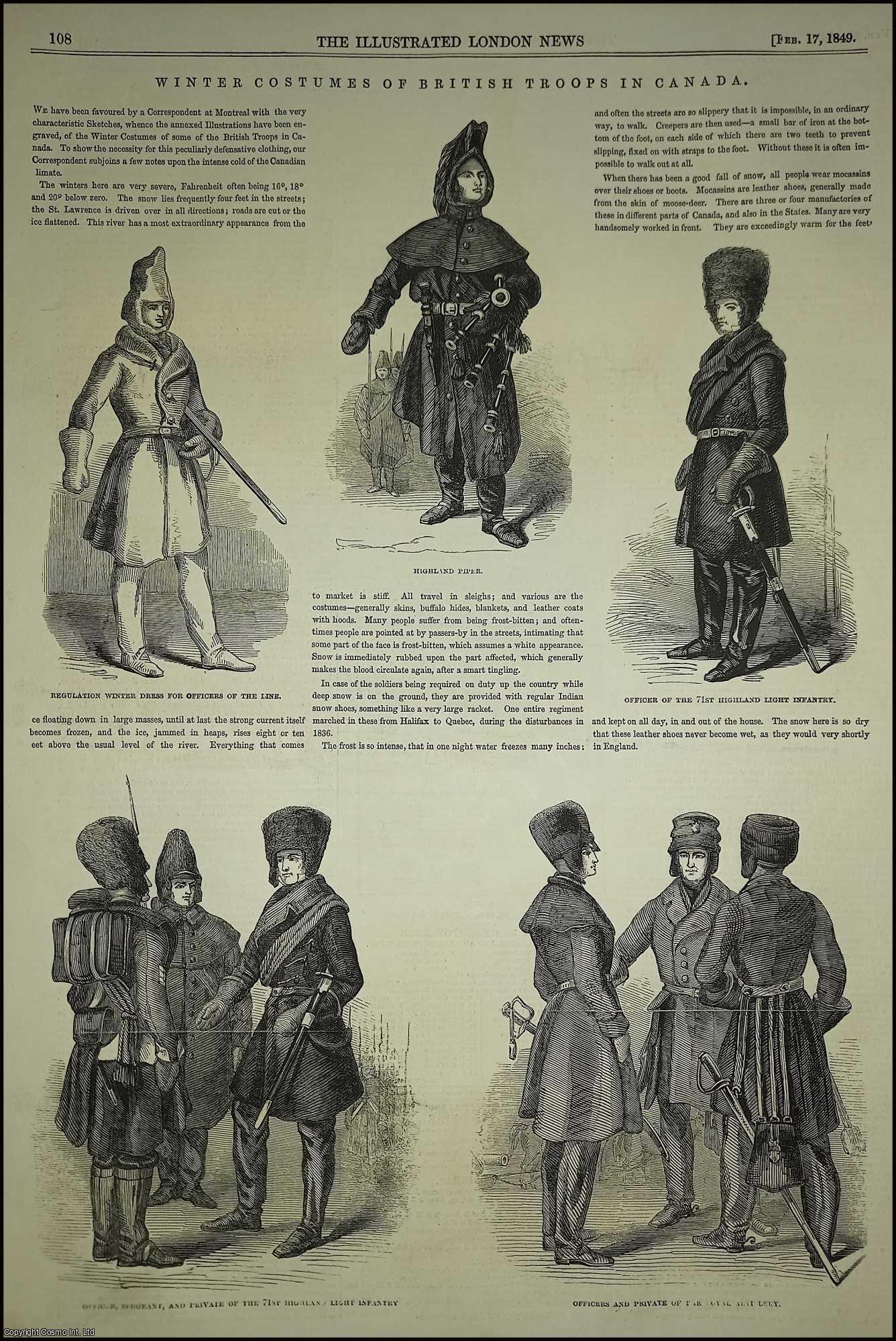 CANADA - Winter Costumes of British Troops in Canada. An original print from the Illustrated London News, 1849.
