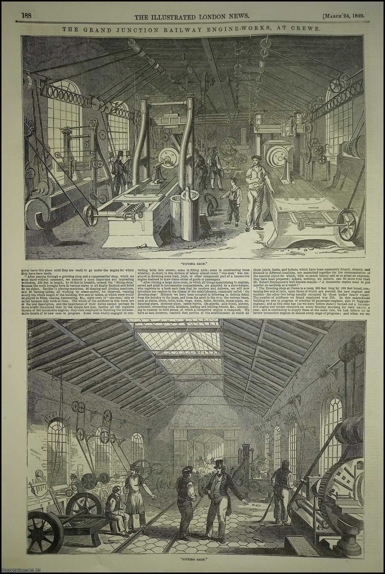CREWE - The Grand Junction Railway Engine Works, at Crewe, Cheshire. An original print from the Illustrated London News, 1849.