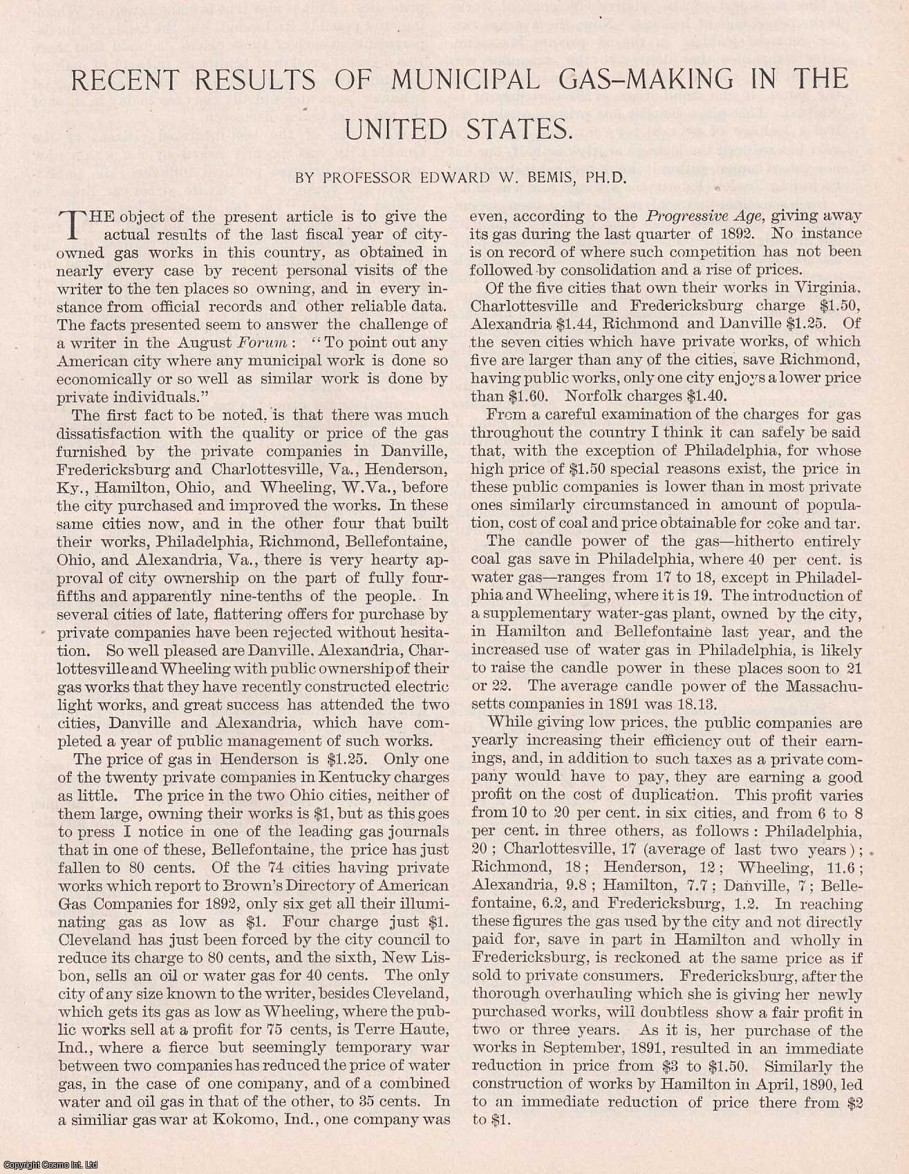 Prof. Edward W. Bemis - Recent Results of Municipal Gas Making in the United States. An original article from the American Review of Reviews, 1893.