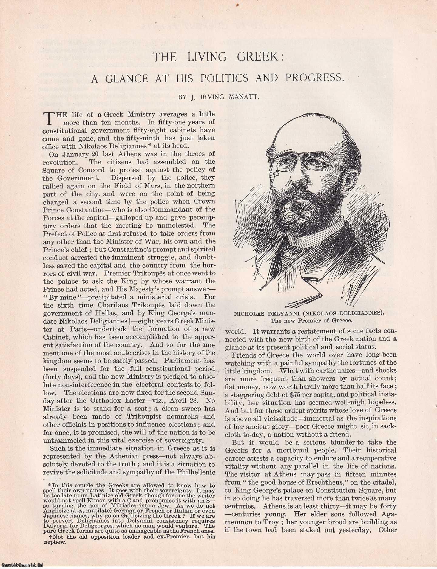 J. Irving Manatt - The Living Greek : A Glance at his Politics and Progress. An original article from the American Review of Reviews, 1895.