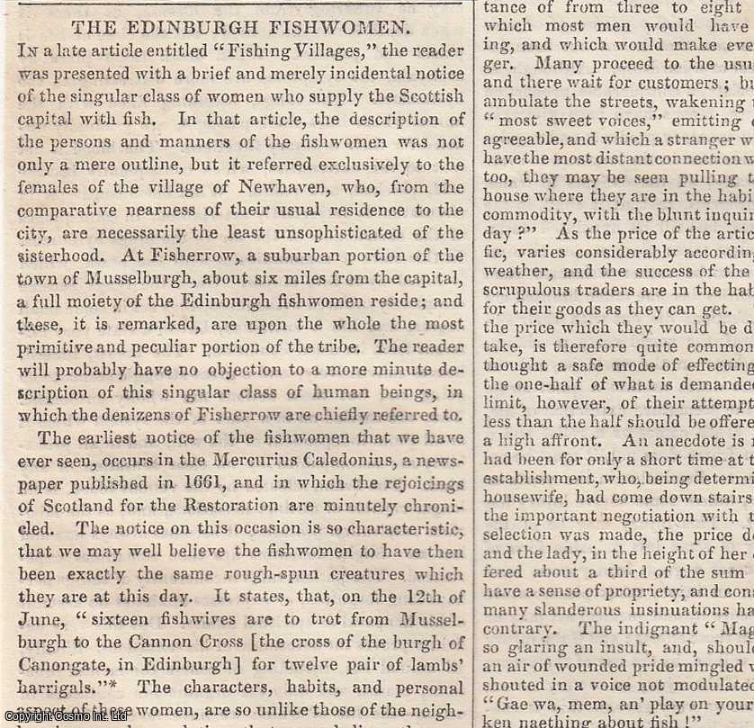 EDINBURGH LIFE - 1837. The Edinburgh Fishwomen : beasts of burden. Fisherrow, Musselburgh. FEATURED in Chambers' Edinburgh Journal. A single article, extracted from an issue of the Chambers' Edinburgh Journal.