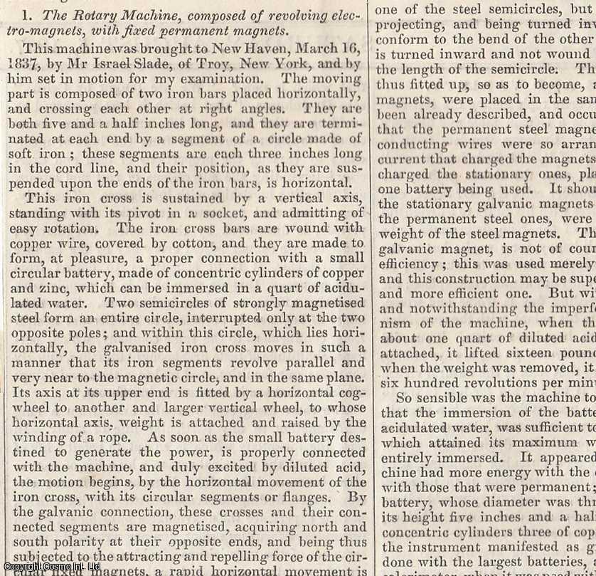 ELECTRICITY - 1837. Electro-Magnetic Power; Mr Israel Slade's invention and Mr Thomas Thomas Davenport's invention as noted in Prof. Silliman's Journal. FEATURED in Chambers' Edinburgh Journal. A single article, extracted from an issue of the Chambers' Edinburgh Journal.